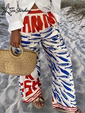 Women's Wide-Leg Printed Pants in White, Blue & Red